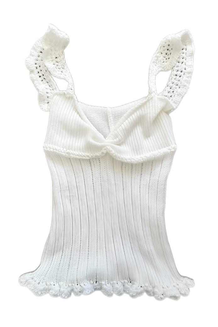White ribbed tank top with lace details on a white background