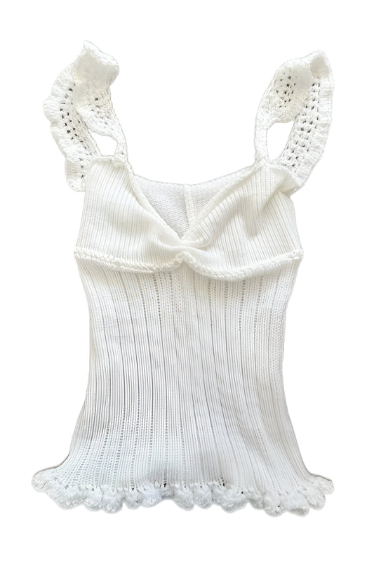 White ribbed tank top with lace details on a white background